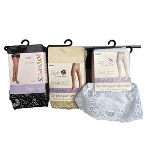 6 Pairs Secret Treasures Lace Thigh High Tights - Black Tan White Plus Missy